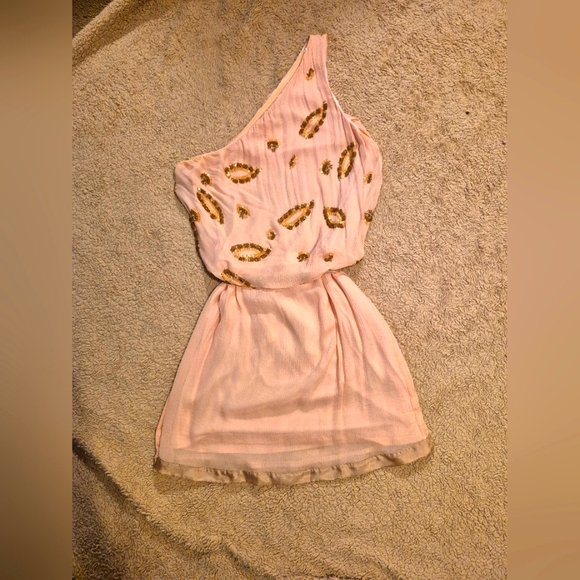 Line & Dot Dresses & Skirts - Line & Dot Pink Beaded One Godess Shoulder Dress S